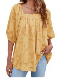 Jacquard Square Neck Plain Color Half Sleeve Casual Blouse -  