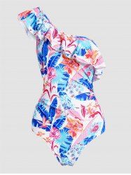 Colored Allover Leaf Flower Print One Shoulder Ruffle Padded Beach One-piece Swimsuit -  