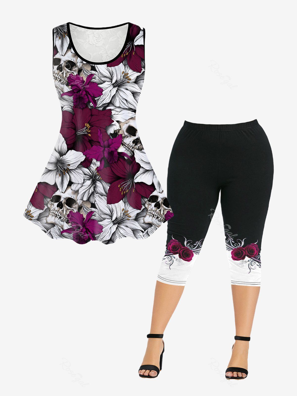Best Gothic Flower Skull Print Lace Panel Sleeveless Top and Rose Butterfly Print Capri Leggings Outfit  