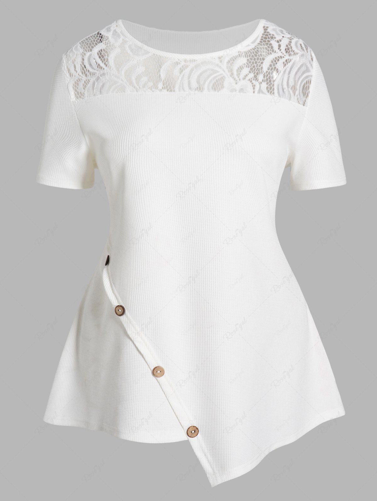 Unique Plus Size Sheer Lace Panel Textured Mock Button Asymmetric Tee  