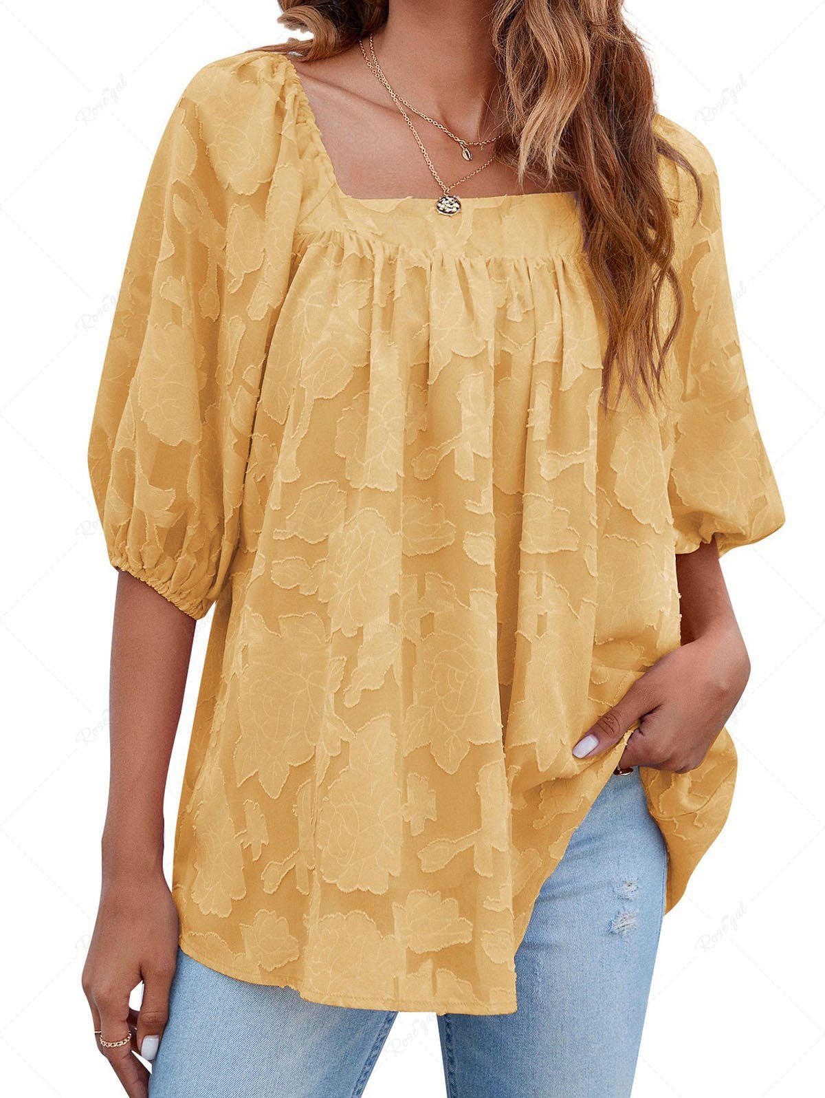 Chic Jacquard Square Neck Plain Color Half Sleeve Casual Blouse  