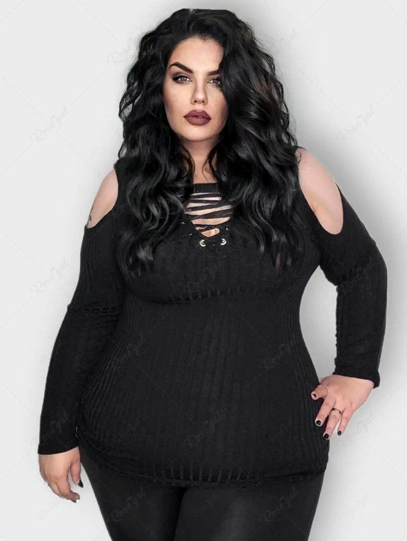 Buy Plus Size Wide Ribbed Lace-up Cold Shoulder Top  