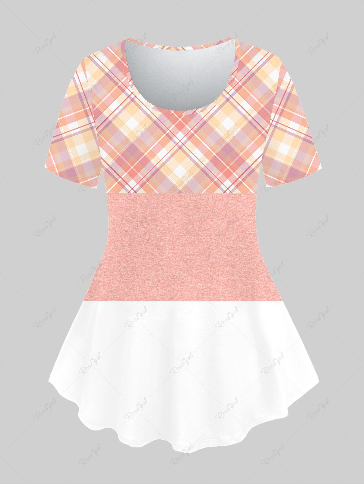 Chic Plus Size Plaid Colorblock Short Sleeves Tee  