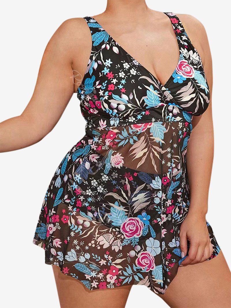 Fancy Plus Size Flower Sheer Mesh Panel Padded Surplice Tankini Swimsuit  