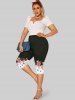 Rose Butterfly Colorblock Tee and  Flower Printed Leggings Plus Size Matching Set -  
