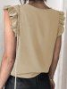 Plain Color Ruffle Hem Cap Sleeve V Neck Casual Blouse -  