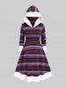 Plus Size Hooded Contrast Fluffy Trim Colorful Geometric Pattern Knit Dress -  