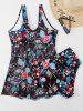 Plus Size Flower Sheer Mesh Panel Padded Surplice Tankini Swimsuit -  
