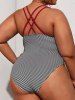 Plus Size Striped Ruched Strappy Padded High Cut One-piece Swimsuit -  