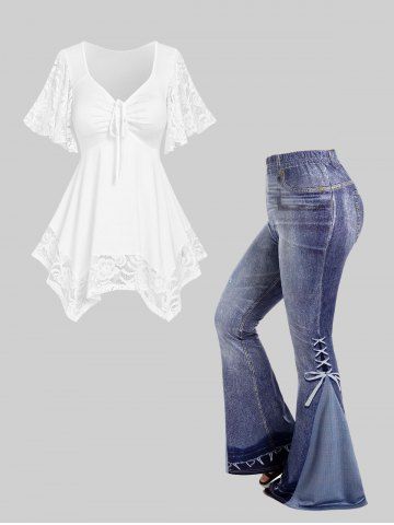 Flower Lace Sleeve Handkerchief T Shirt and 3D Jeans Lace-up Pattern Printed Flare Pants Plus Size Outfits - WHITE