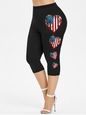 Plus Size Patriotic American Flag Heart Printed Capri Leggings - BLACK - S | US 8