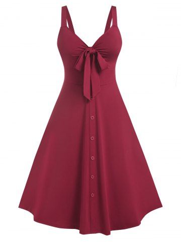 Plus Size Mock Button Bowknot Midi Dress - DEEP RED - 2X | US 18-20