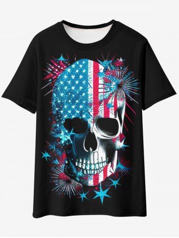 Gothic Patriotic American Flag Skull Print T-shirt - BLACK - XL