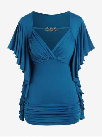 Plus Size Butterfly Sleeves Flounce Ruched Solid Surplice Tee - BLUE - 1X | US 14-16