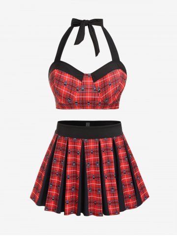 Gothic Checked Skull Print Halter Bikini Three Piece Swimsuit