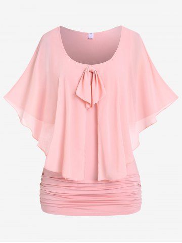 Plus Size Mesh Overlay Bowknot Capelet T-shirt - LIGHT PINK - M | US 10