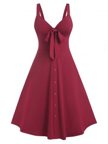 Plus Size Mock Button Bowknot Midi Dress - DEEP RED - 1X | US 14-16