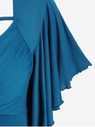 Plus Size Butterfly Sleeves Flounce Ruched Solid Surplice Tee