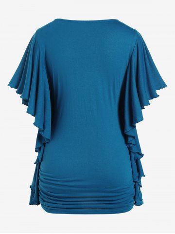 Plus Size Butterfly Sleeves Flounce Ruched Solid Surplice Tee