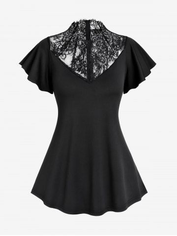 Gothic Lace Panel Butterfly Sleeve Mock Neck Top - BLACK - M | US 10