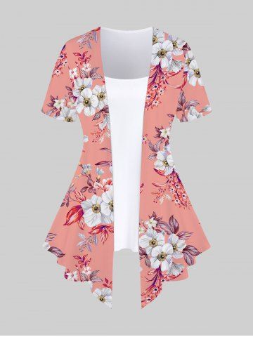 Plus Size Floral Print Asymmetrical 2 In 1 Top - LIGHT PINK - 2X | US 18-20