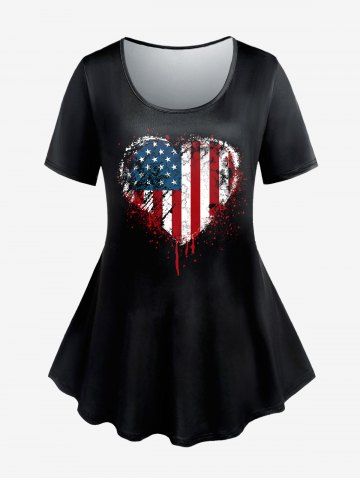 Plus Size Heart American Flag Printed Patriotic Tee - BLACK - M | US 10