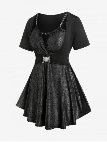 Plus Size Chain Twist Keyhole Short Sleeves Metal 2 in 1 Tee