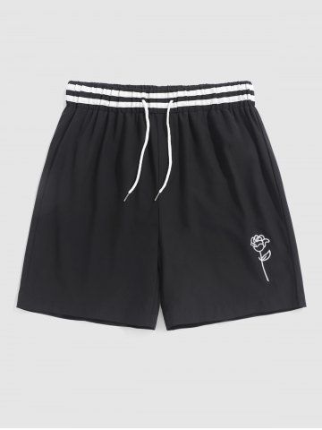 Striped Waist Rose Embroidered Casual Shorts - BLACK - XXL