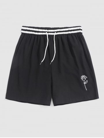 Striped Waist Rose Embroidered Casual Shorts - BLACK - S