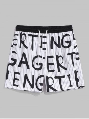 Vertical Striped Letter Drawstring Cotton Shorts - BLACK - L