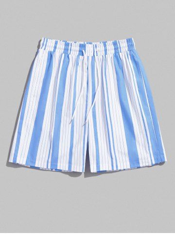 Vertical Striped Pocket Cotton Shorts - LIGHT BLUE - XXL