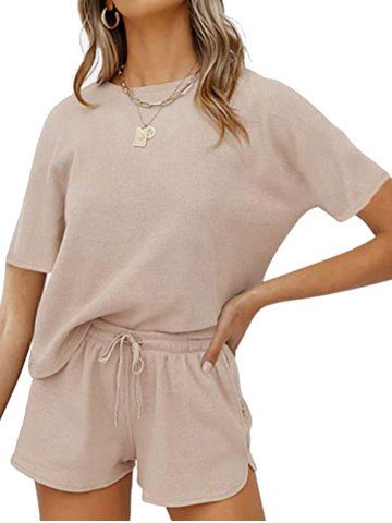 Solid Color Textured Short Sleeve Top And Shorts Set - LIGHT COFFEE - M