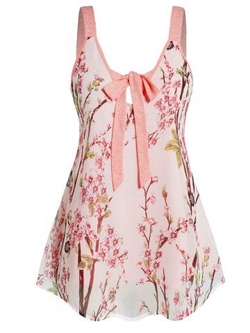 Plus Size & Curve Peach Blossom Print Sheer Chiffon Overlay Bowknot Long Tank Top - LIGHT PINK - 3X