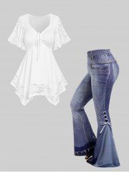 Flower Lace Sleeve Handkerchief T Shirt and 3D Jeans Lace-up Pattern Printed Flare Pants Plus Size Outfits -  