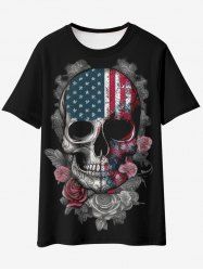 Gothic Patriotic American Flag Skull Rose Print T-shirt -  