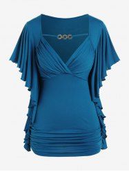 Plus Size Butterfly Sleeves Flounce Ruched Solid Surplice Tee -  