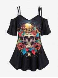 Gothic Skull Rose Crown Print Cold Shoulder T-shirt -  