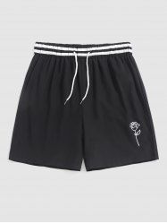 Striped Waist Rose Embroidered Casual Shorts -  