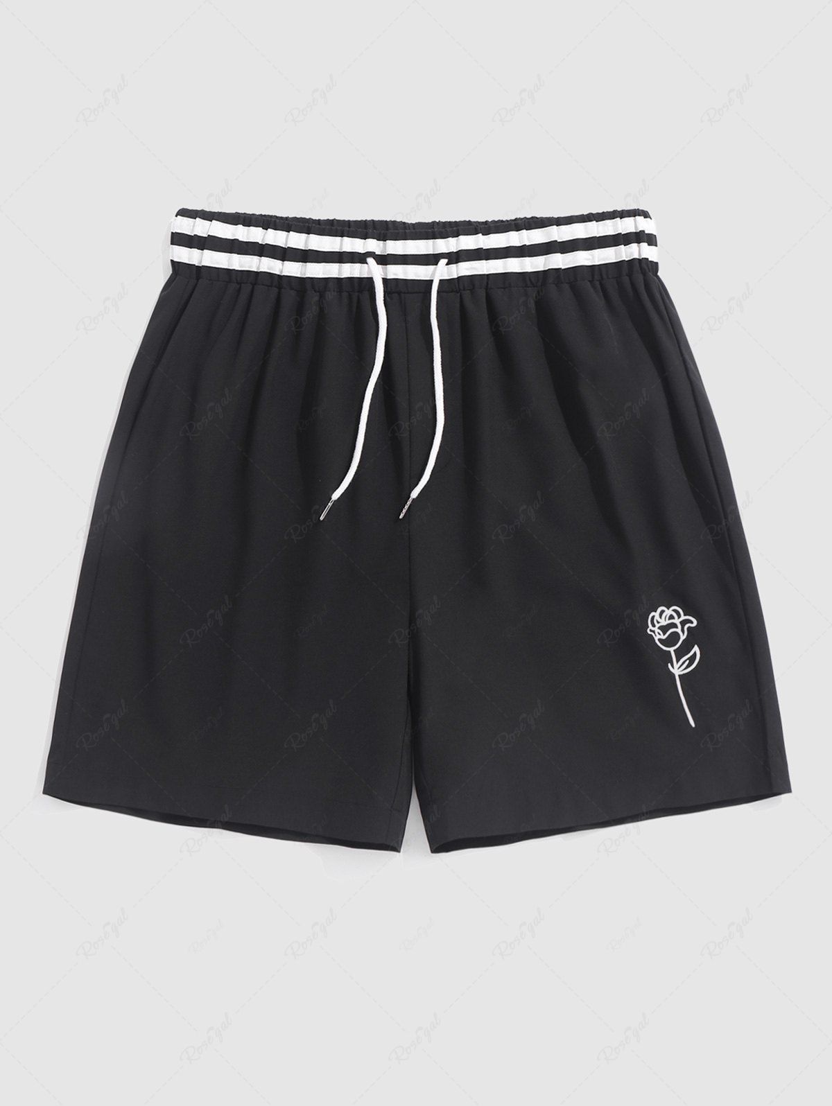 Best Striped Waist Rose Embroidered Casual Shorts  