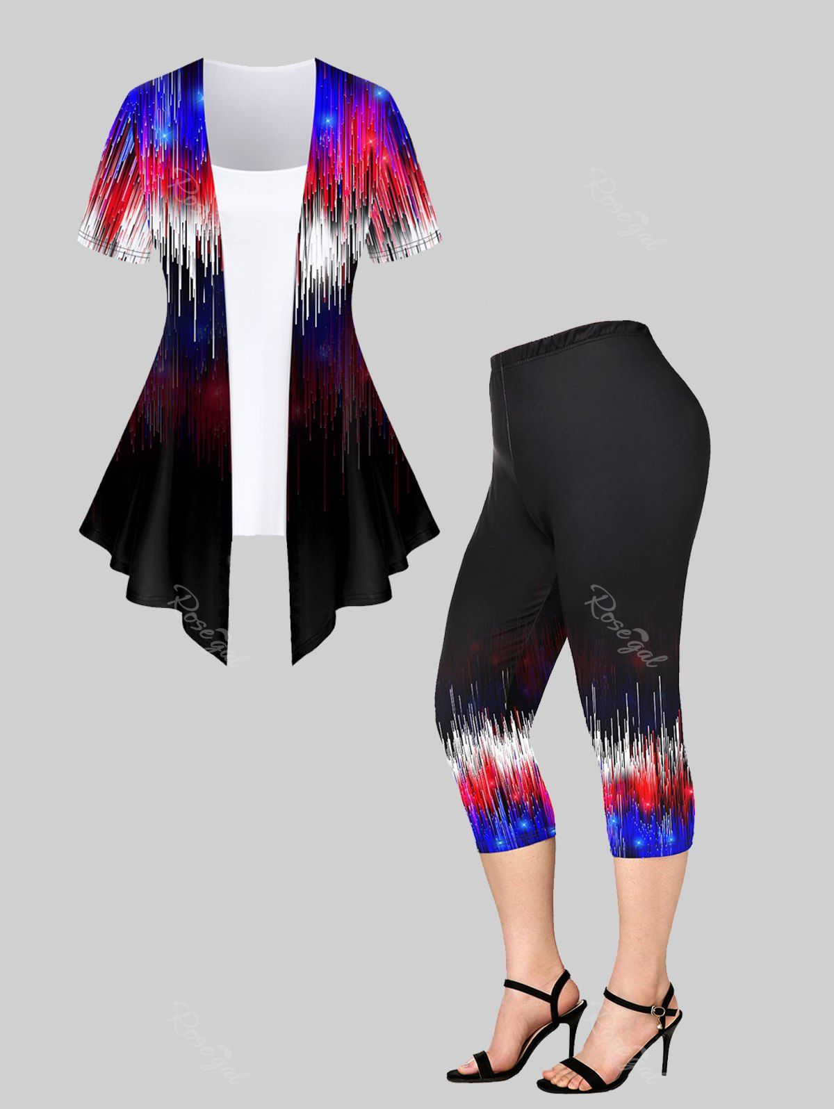 Fancy 3D Sparkles Light Beam Printed Twofer Tee and Leggings Plus Size Summer Matching Set  