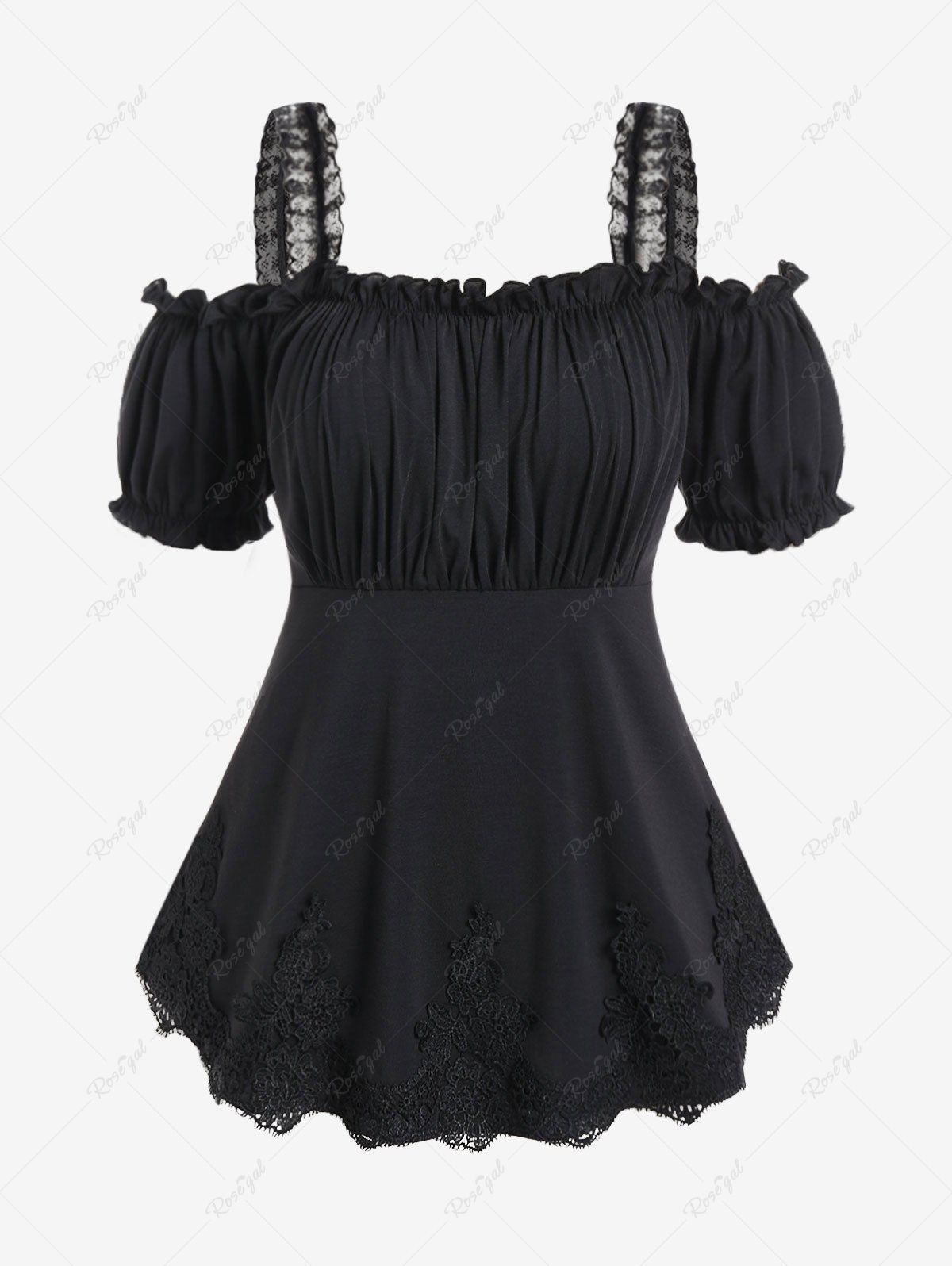 Latest Gothic Guipure Lace Applique Frilled Ruched Cold Shoulder Top  