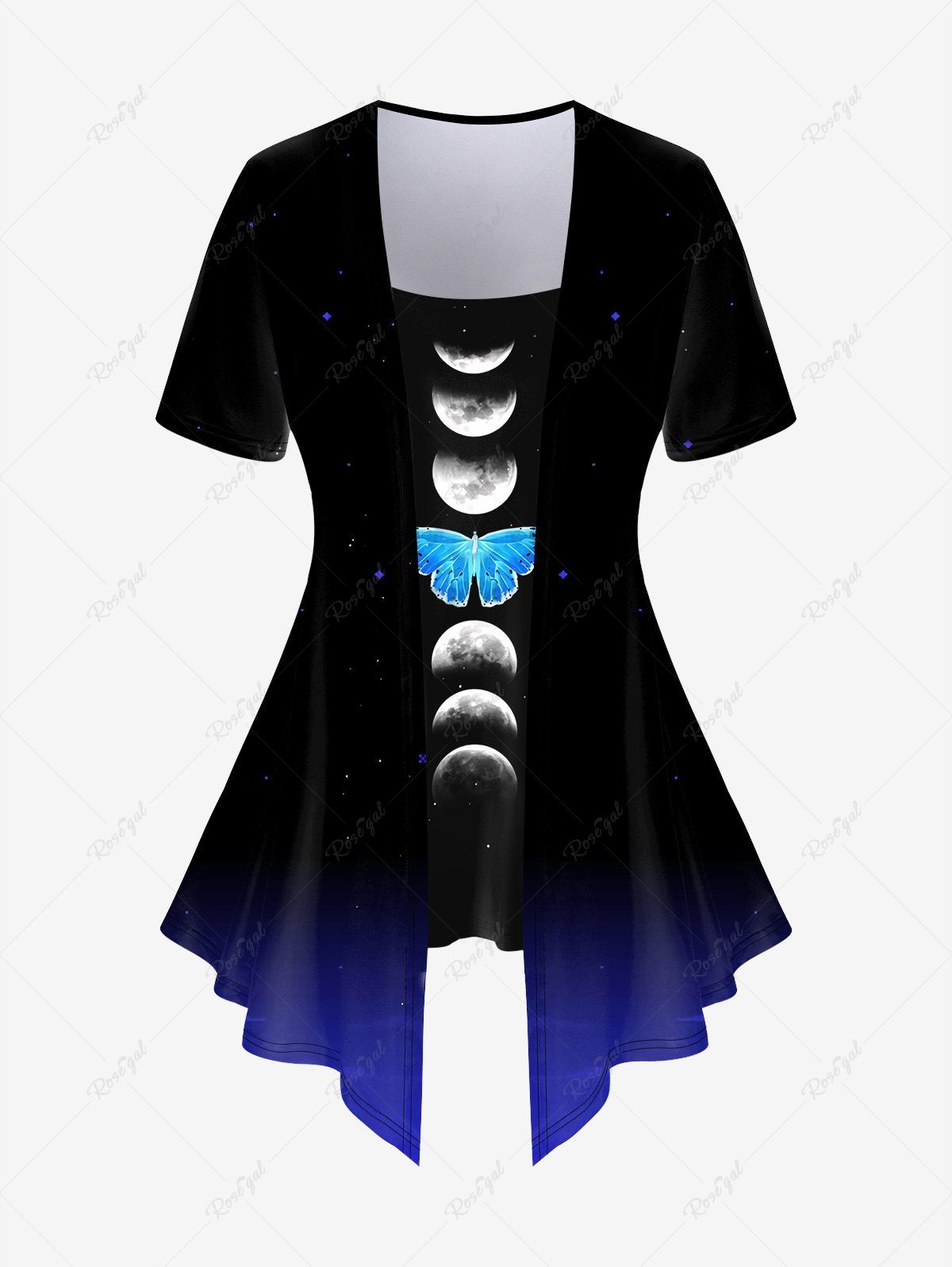Cheap Plus Size Moon Butterfly Ombre Short Sleeves 2 in 1 Tee  