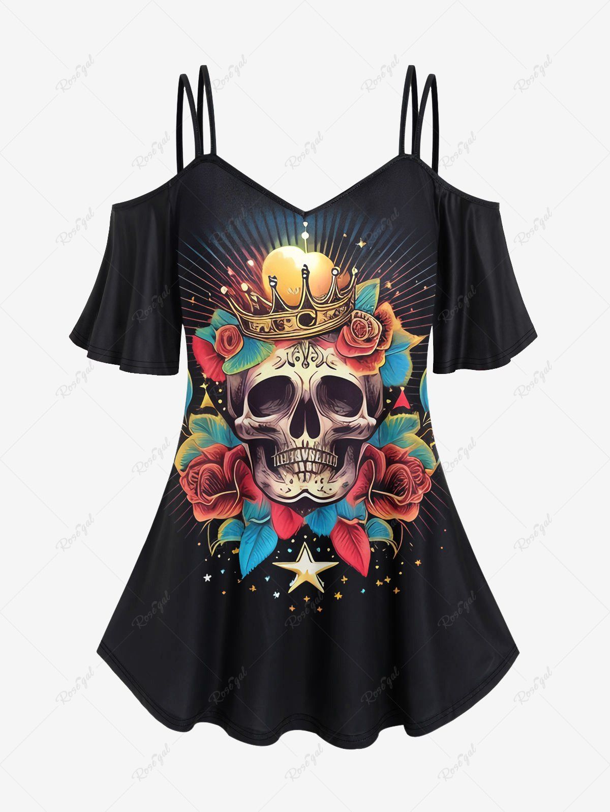 Cheap Gothic Skull Rose Crown Print Cold Shoulder T-shirt  