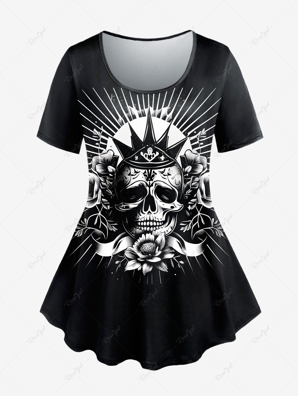 Trendy Gothic Skull Rose Crown Print T-shirt  