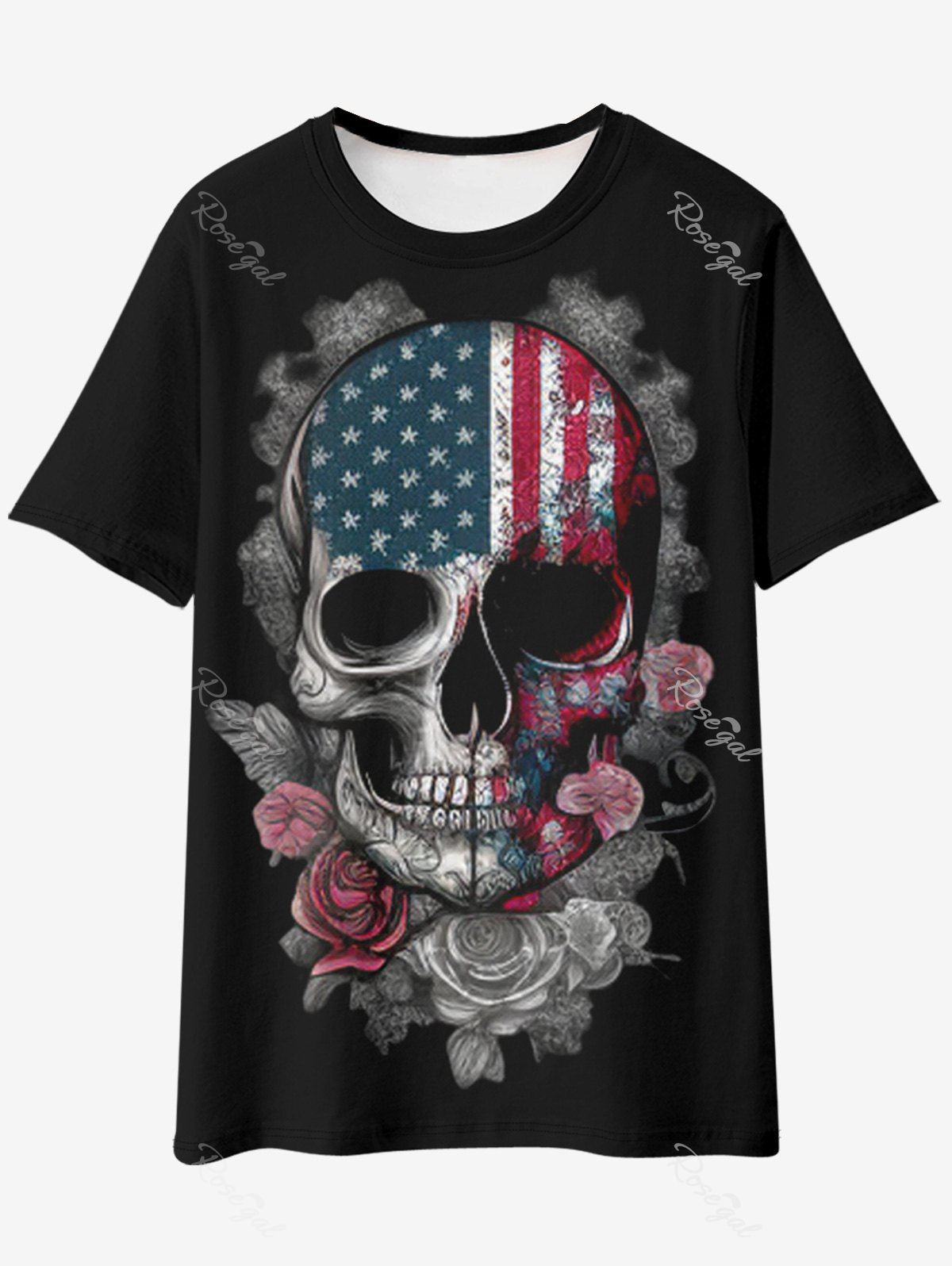 Discount Gothic Patriotic American Flag Skull Rose Print T-shirt  