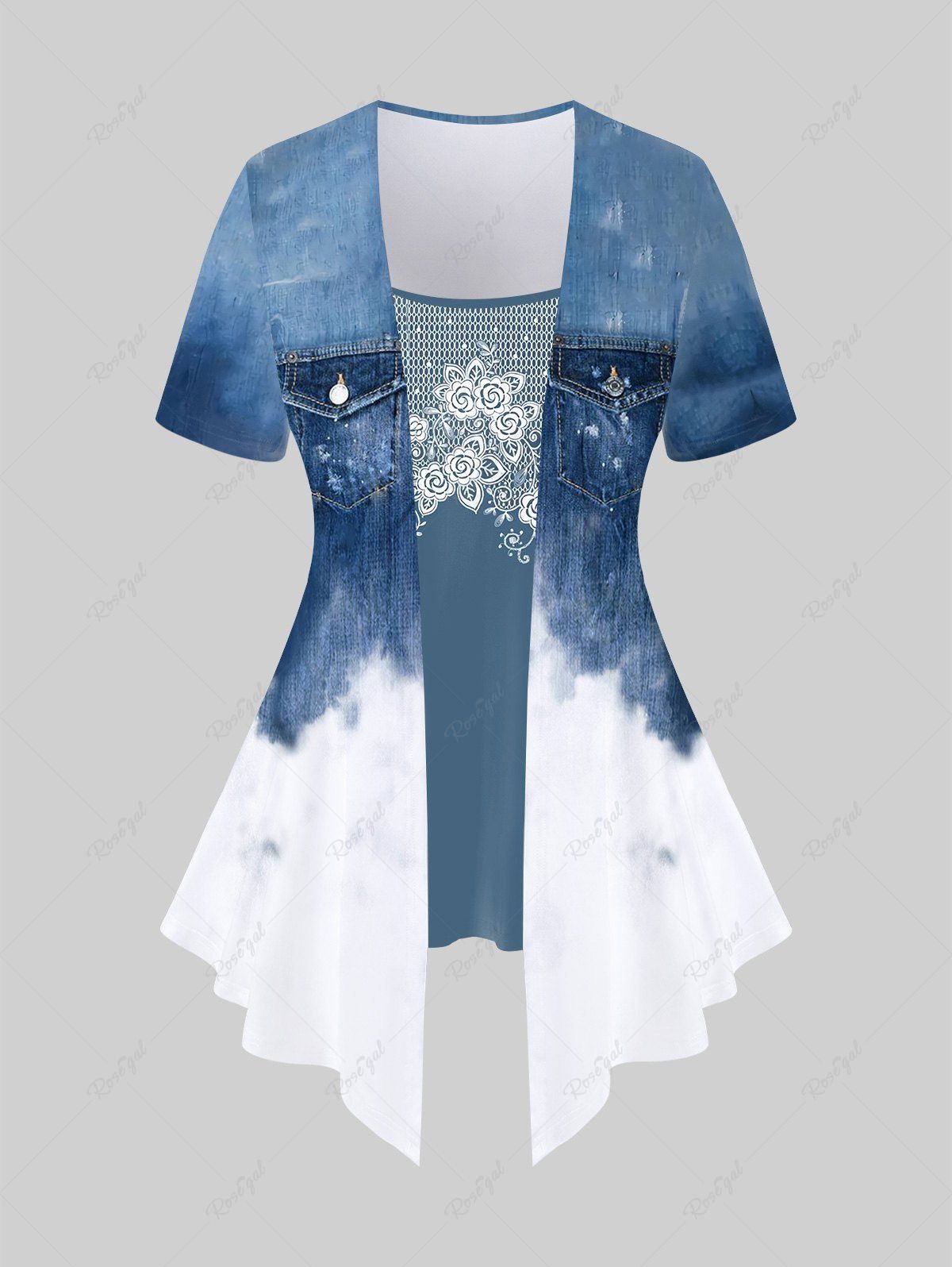Fashion Plus Size 3D Jeans Printed Ombre Short Sleeves 2 in 1 Tee  