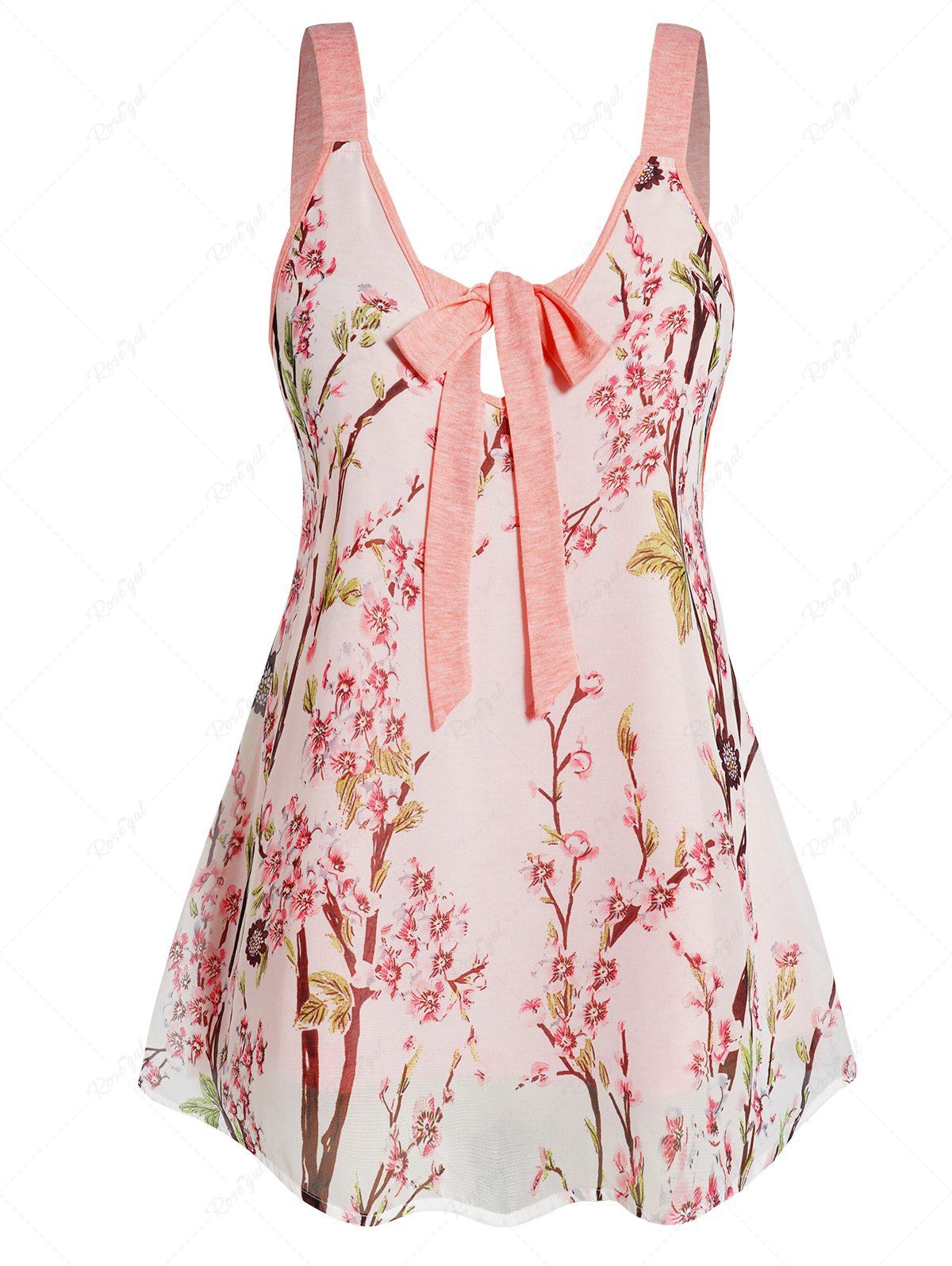 Online Plus Size & Curve Peach Blossom Print Sheer Chiffon Overlay Bowknot Long Tank Top  