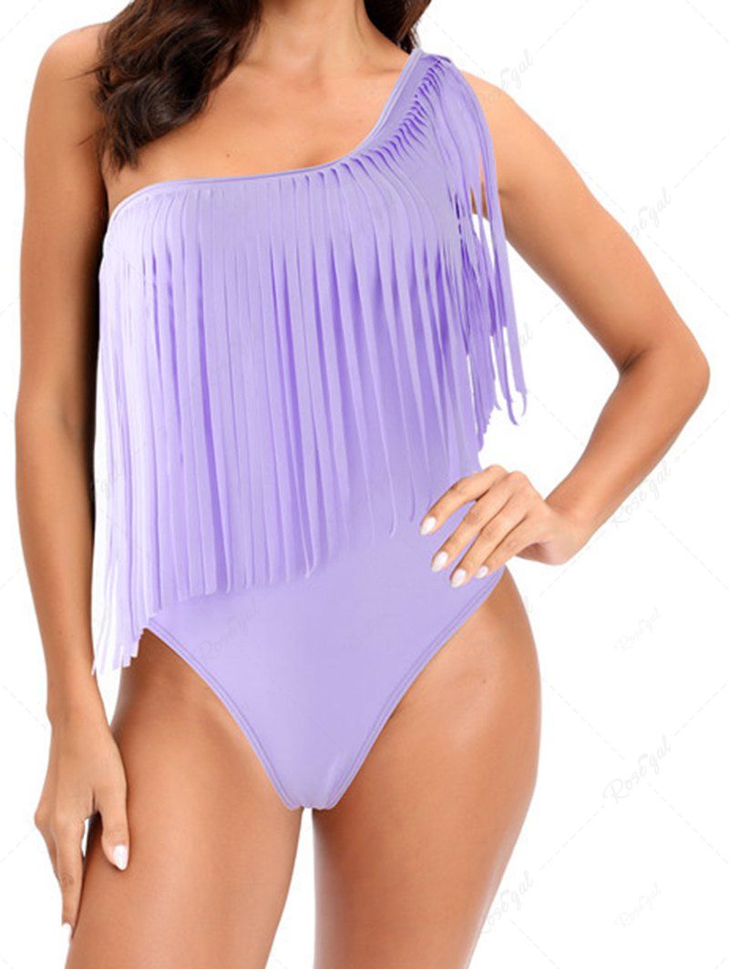 Store Pastel Color Padded Tassel One Shoulder Vacation One-piece Swimsuit  