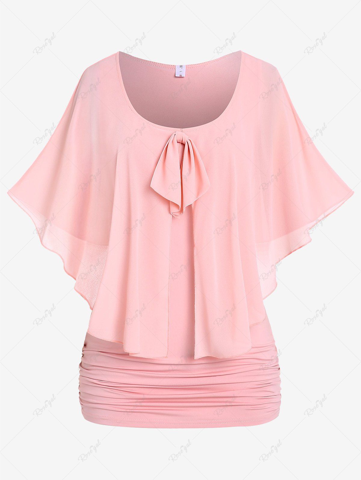 Chic Plus Size Mesh Overlay Bowknot Capelet T-shirt  