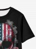 T-shirt Gothique Imprimé Drapeau Américain Rose et Crâne - Noir 4XL